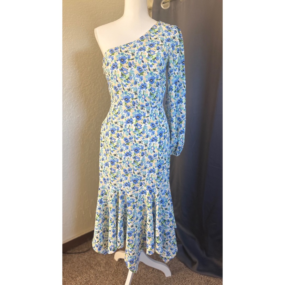 Altar'd State Floral One Shoulder Midi Dress one Long Sleeve Mermaid Hem Med